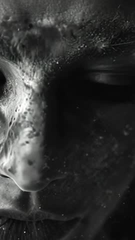 Vertical Monochrome Closeup Video of Dust-Lit Female Face Rotating in Dramatic Light