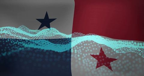 Panama Flag Digital Wave Concept Showing Cyan Particle Flow Over Tricolor Quadrants