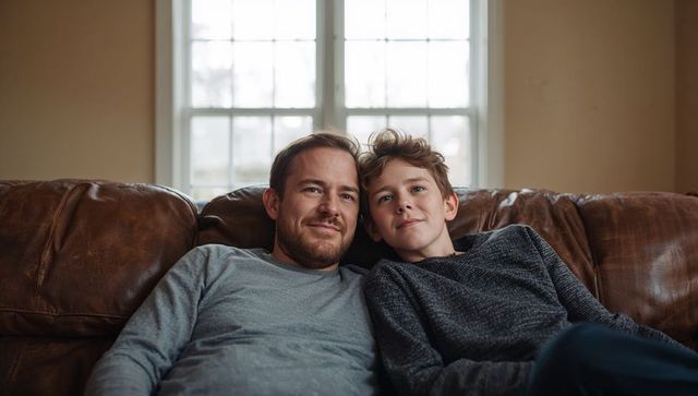 Father and teen son relaxing on brown leather couch by window in cozy sunlit living room