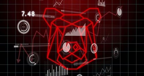 Pulsing red wireframe cube floating above futuristic holographic analytics dashboard neon interface