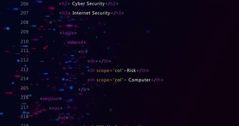 Neon HTML Code Snippet with Syntax Highlighting and Cybersecurity Tags on Dark Gradient