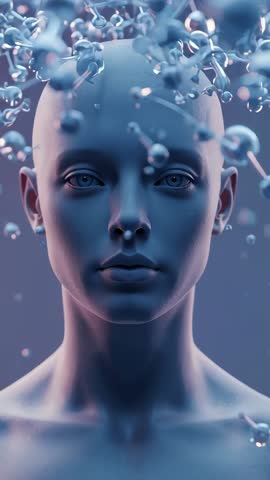 Futuristic digital bust orbiting metallic molecules in blue-gray vertical video loop