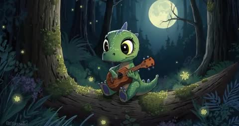 Enchanting Dinosaur Playing Ukulele by Moonlight in Forest