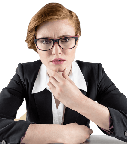 Worried Businesswoman with Glasses Sitting on Transparent Background