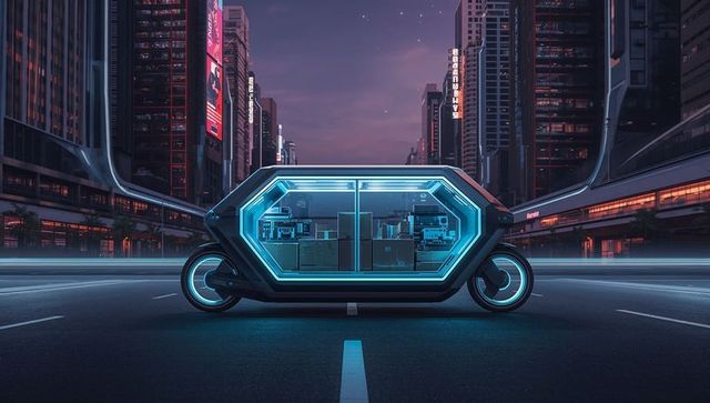 Glowing hexagonal transit pod revealing electronics interior on neon futuristic boulevard