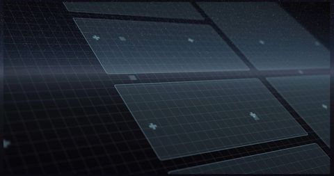 Frosted Holographic HUD Panels Displaying Diagonal Grid Tiles with Cross Markers
