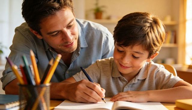 Father teaching son at home helping with homework smiling while writing in sunlit study space