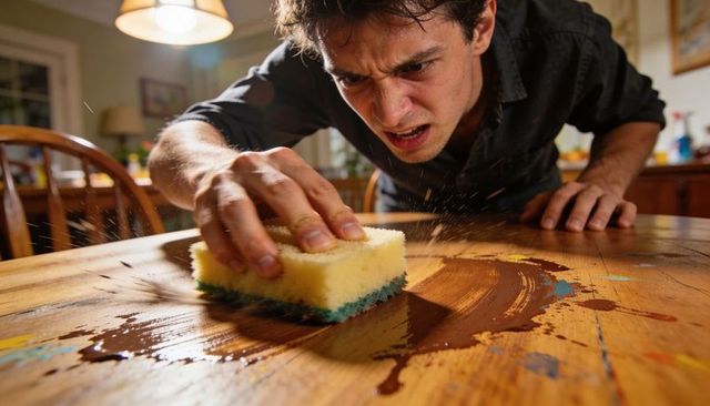 Angry man scrubbing wooden dining table with sponge, wiping dark spill and paint stains