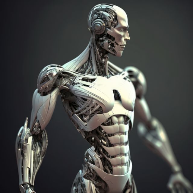 Muscular human robot with white robot parts, created using generative ai technology. Cyber, android, futuristic and human robot concept.