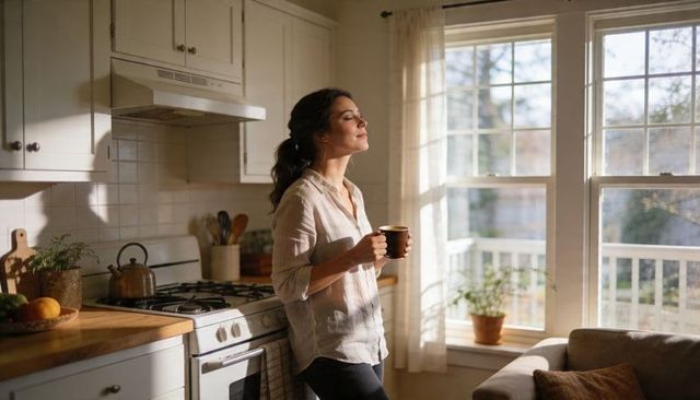 Sunlit morning calm: woman holding coffee mug by kitchen window, minimalist cozy moment