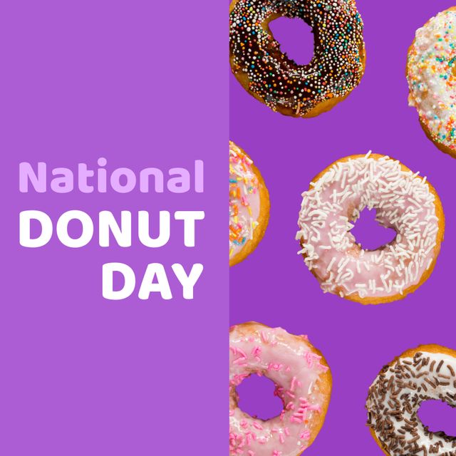 National Donut Day Celebration with Colorful Donuts on Purple Background - Download Free Stock Templates Pikwizard.com