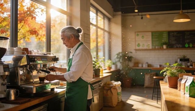 Mature asian barista pulling espresso in sunlit cafe, wearing green apron, autumn light