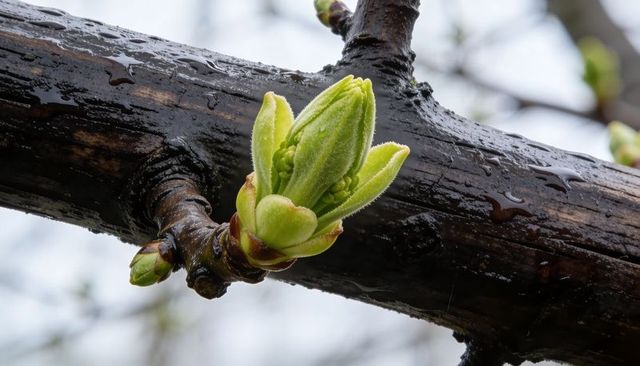 Fresh spring bud unfolding on rain-slicked dark branch with water droplets