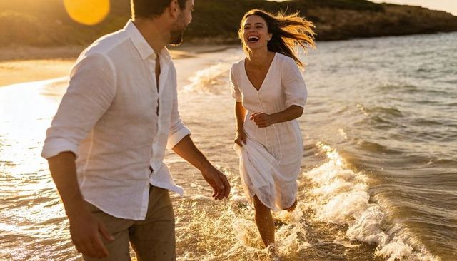 Happy couple running through shallow surf at golden hour laughing on sunlit seaside shore