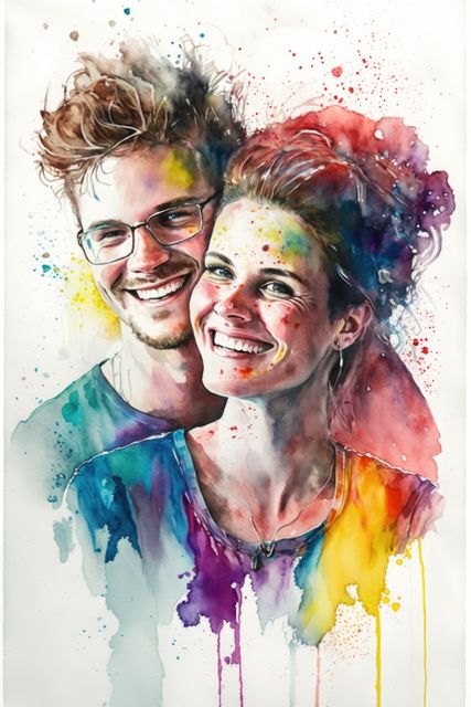 Watercolour portrait of smiling couple, created using generative ai technology. Painting and portraiture concept digitally generated image.