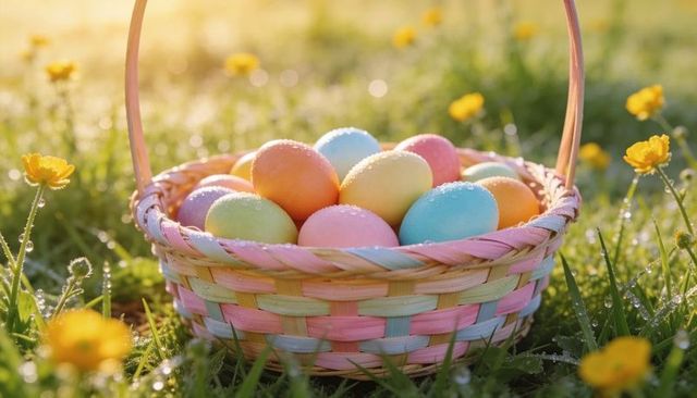Sunlit pastel easter eggs resting in woven basket on dew-covered spring meadow
