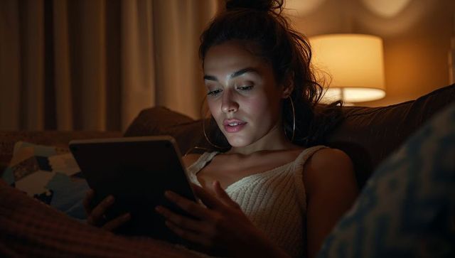 Young woman relaxing on couch reading tablet by warm lamp glow late evening cozy moment