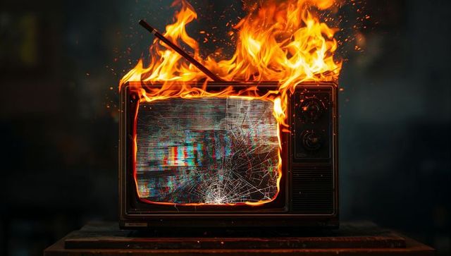 Vintage crt television ablaze in dim workshop environment