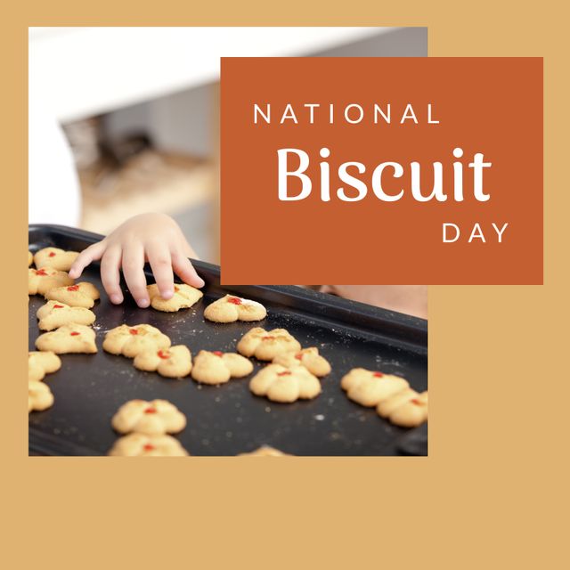 Celebrate National Biscuit Day with this heartwarming portrayal of a child holding a tray of freshly baked cookies. The child's hand adds a personal touch, emphasizing the joy and tradition of baking at home. Perfect for promotions related to baking tips, family activities, cultural celebrations, and holiday traditions. Use in blogs, advertisements, social media posts, and retail banners promoting baking supplies and family events.