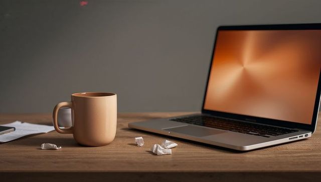 Cozy home office desk with open laptop and peach coffee mug, warm minimal workspace