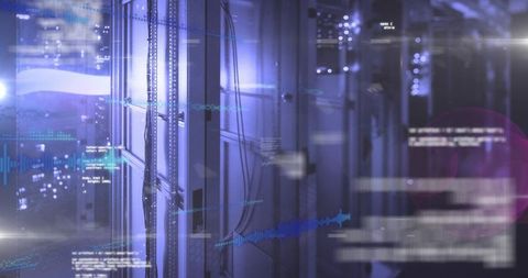 Futuristic data center with holographic interface and servers