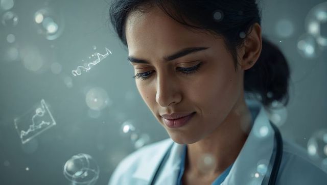 Female clinician reading holographic medical data, augmented reality healthcare portrait