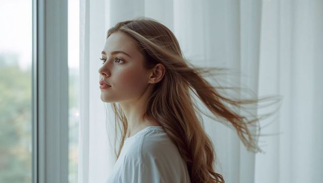 Young woman gazing through window with flowing hair and sheer curtains, calm interior
