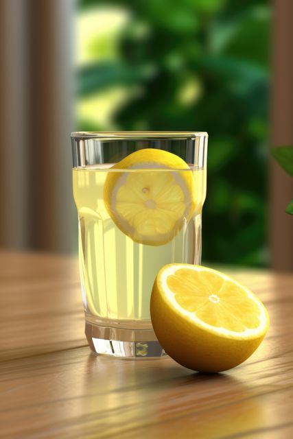 Glass of lemon juice and lemon on blurred background, created using generative ai technology. Juice, drink and refreshment concept digitally generated image.