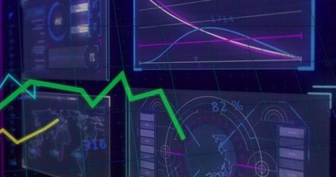 Displaying digital hud overlays with neon multiscreen analytics and 82% radar gauge