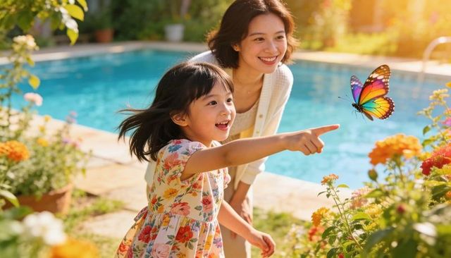 Mother and daughter smiling discovering rainbow butterfly in sunny garden by backyard pool