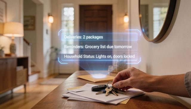 Smart home holographic alert showing deliveries, reminders and door lock status