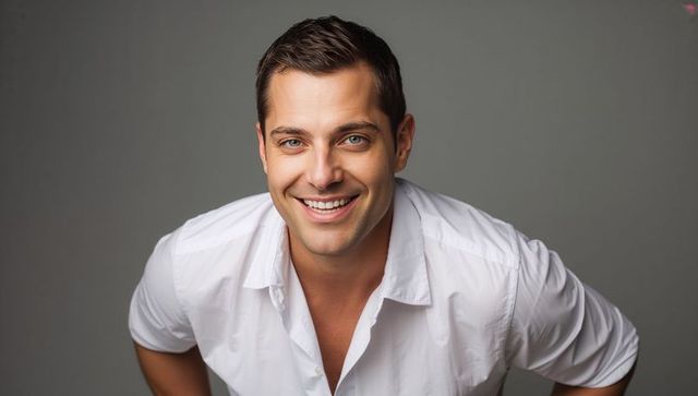 Confident smiling man leaning forward in white shirt, professional studio portrait