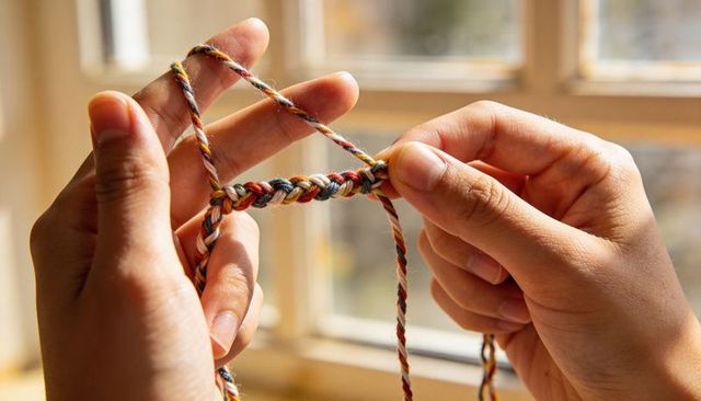 Hands braiding multicolor friendship bracelet cord tightening threads at sunlit window