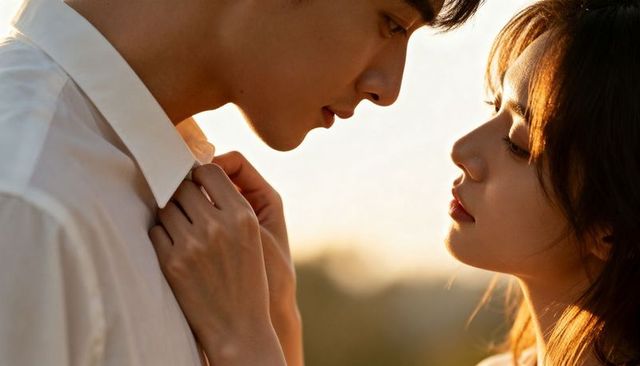Golden hour intimate portrait: asian couple gazing closeup while woman adjusting collar