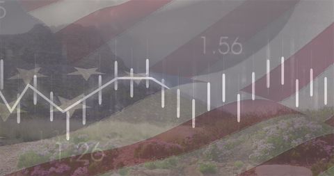 Blurred Financial Graphs Overlaid on USA Flag with Natural Landscape