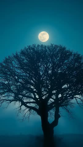 Drifting Full Moon Sliding Behind Bare Tree Over Misty Field — Vertical Night Video