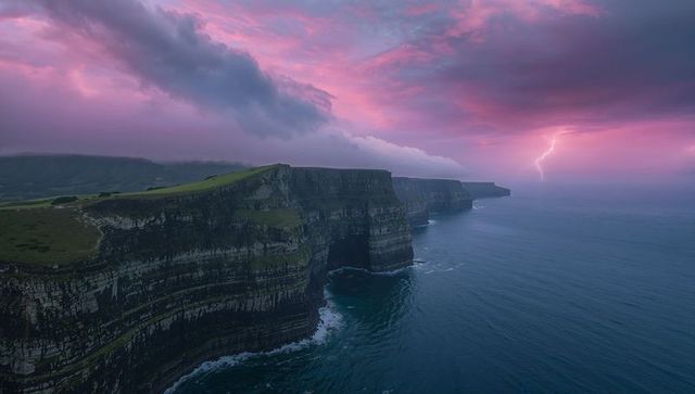 Dramatic coastal cliffs with lightning in stormy sky
