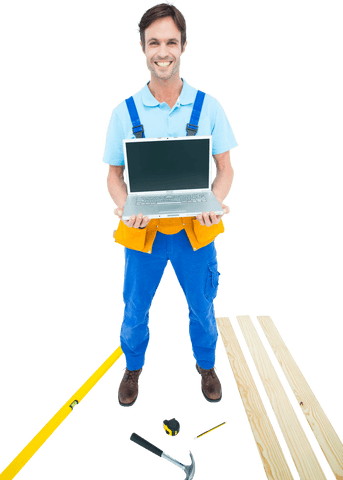 Repairman with laptop and tools isolated on transparent background