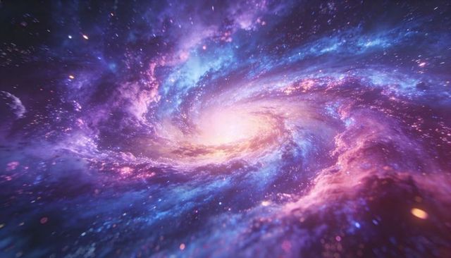 Glowing Spiral Galaxy Core with Vivid Purple and Blue Nebula Swirl and Star Clusters