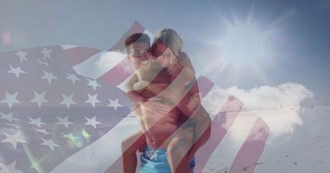 Couple on beach with us flag symbolizing joy and freedom