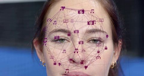 Adult female face mapped by biometric network with purple icons and grid overlay