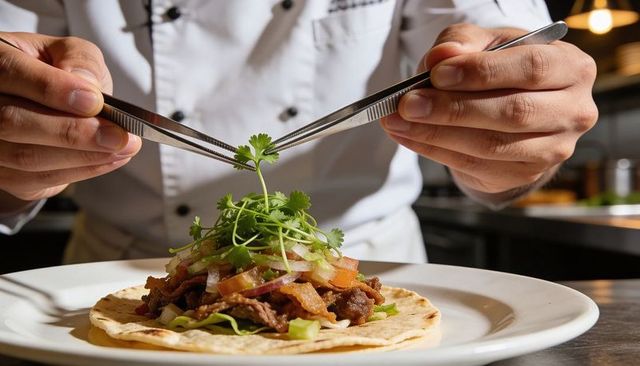 Chef placing microgreens with tweezers on gourmet taco during precise restaurant plating