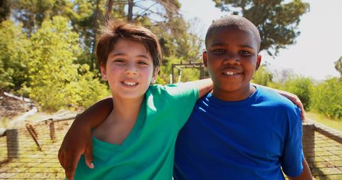 Two Diverse Boys Embracing Friendship Outdoors Travel Concept - Download Free Stock Images Pikwizard.com