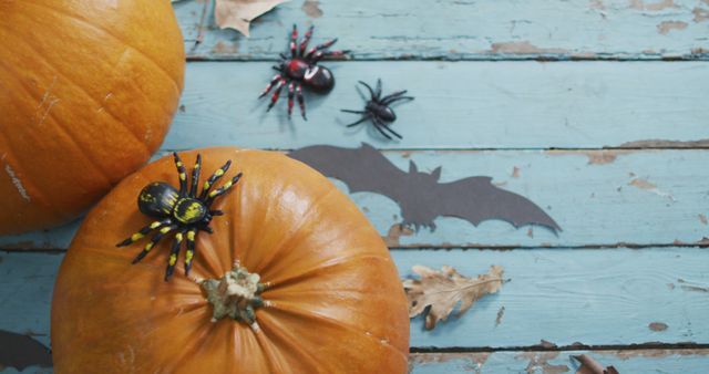 Pumpkins and creepy toy spiders make up themed Halloween decorations on worn wooden table. Great for promoting Halloween events, festive blogs, and haunted house invitations.