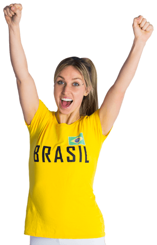 Cheerful woman celebrating in brazil soccer t-shirt on transparent background
