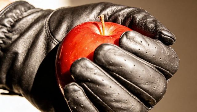Holding glossy red apple in black perforated leather gloves showing contrast and texture