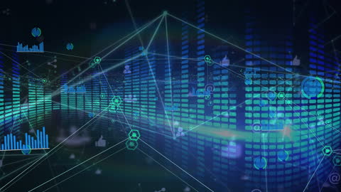 Global Networking Animation Over Music Equalizer Background