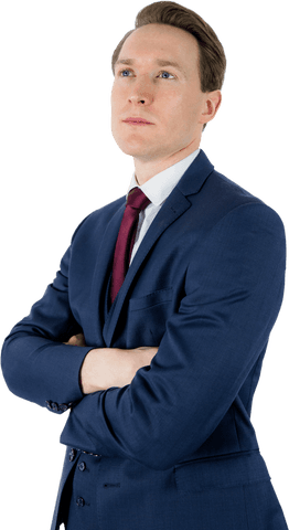 Thoughtful Businessman in Suit with Arms Crossed on Transparent Background