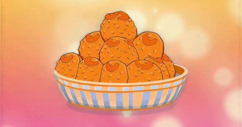 Stacking Orange Laddoos in Striped Bowl on Warm Gradient for Festive Celebration