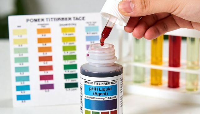 Dropping ph indicator reagent into test bottle with color chart and test tubes closeup